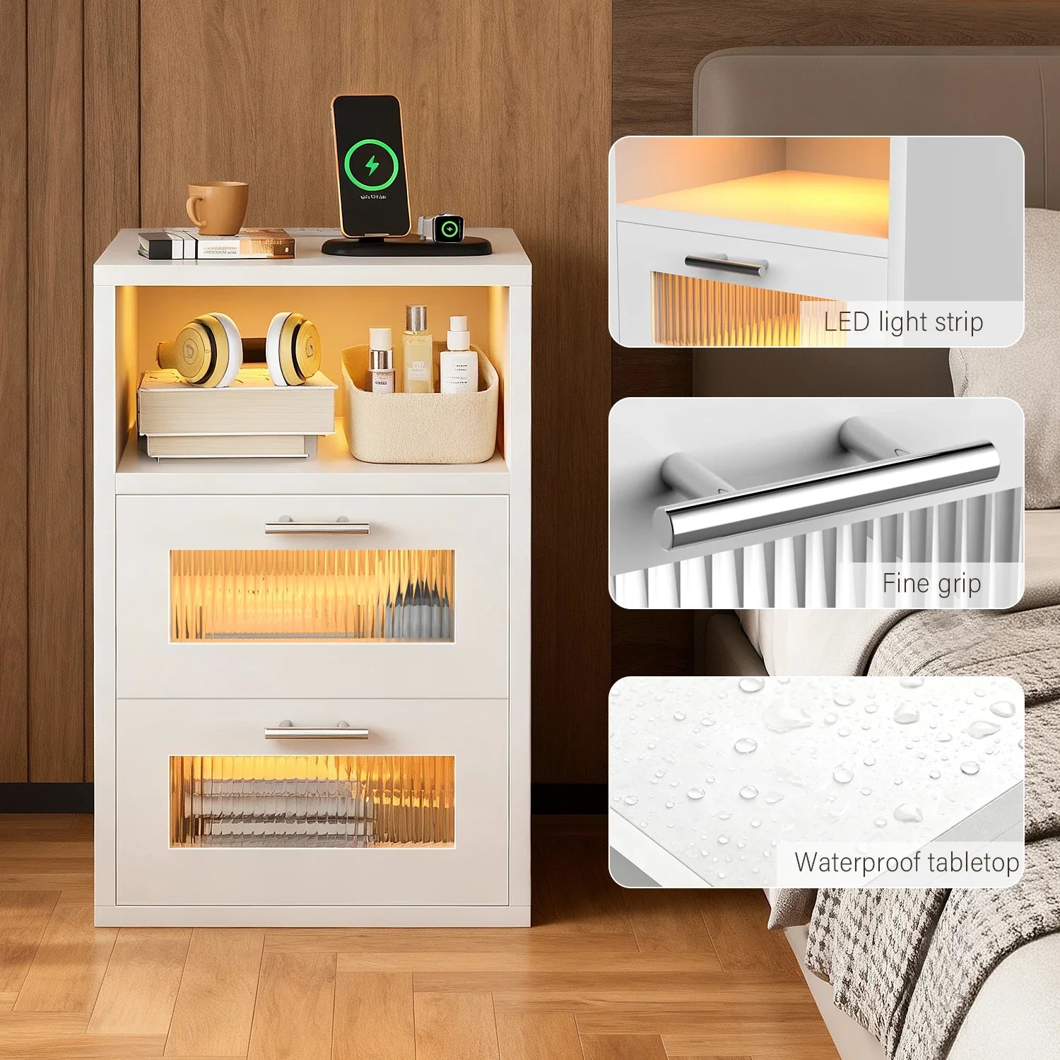 Noctura Nightstand with LED Lighting & Charging Station | 2 Drawer Bedside Table | Modern Black/White Storage Cabinet with USB & App Control