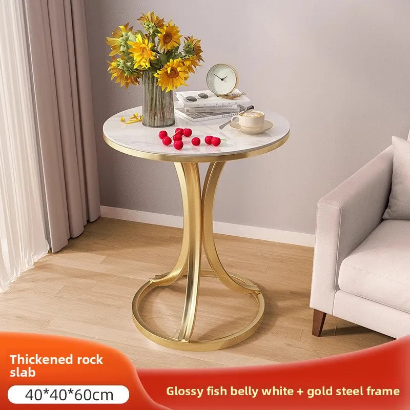 Side Table Cavero Round Rock Slab Marble Top | Modern Sofa & Bed Side Table | Metal Frame with Wheels, Mobile Design