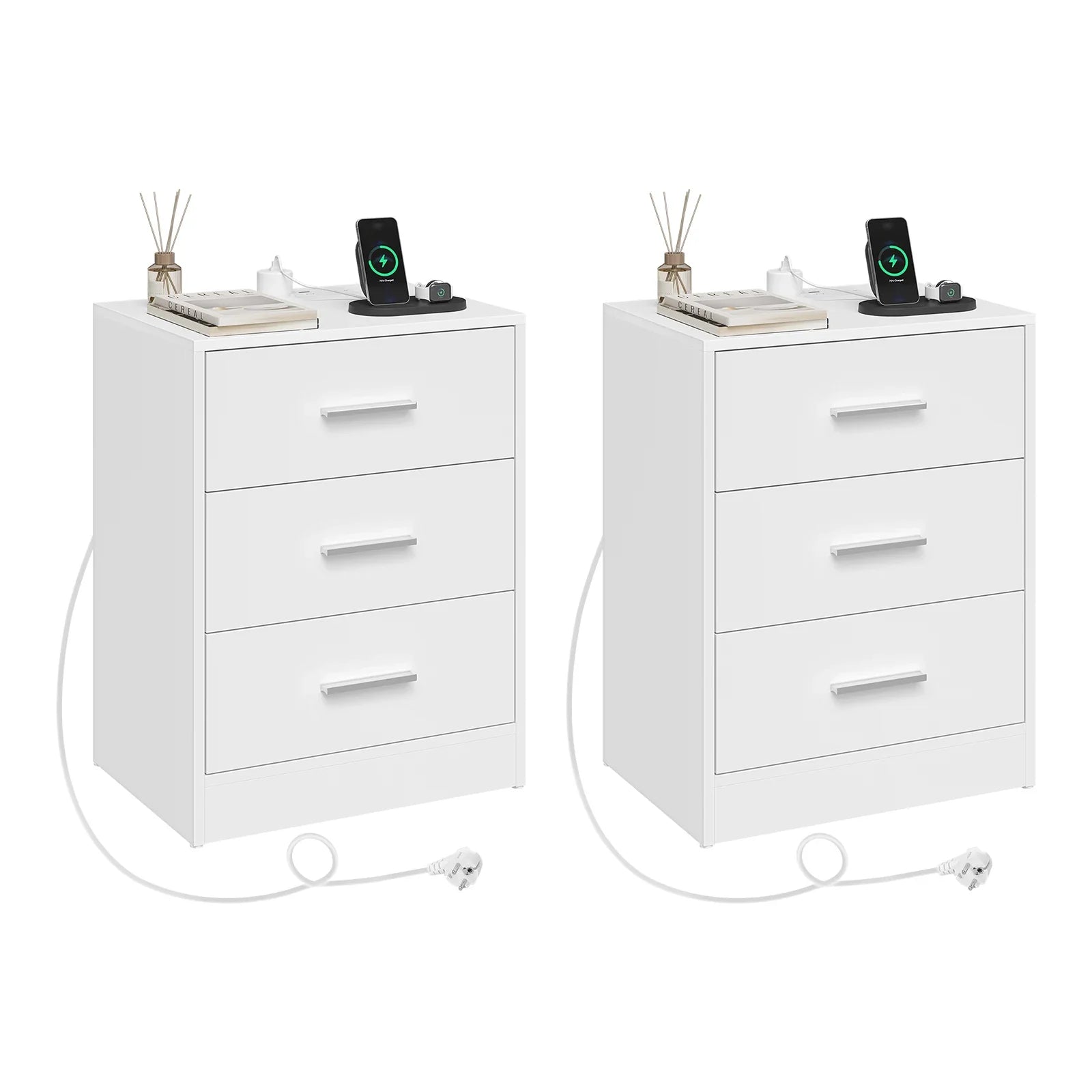 Tavira Modern Nightstand with 3 Drawers | Built-In Charging Port & Power Socket | Compact Bedside Table for Bedroom or Living Room