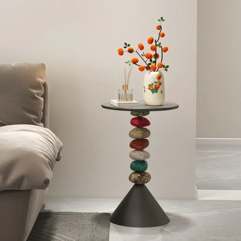 Marovien Colorful Stacked Stone Side Table | Round Accent Table with Storage and Wheels