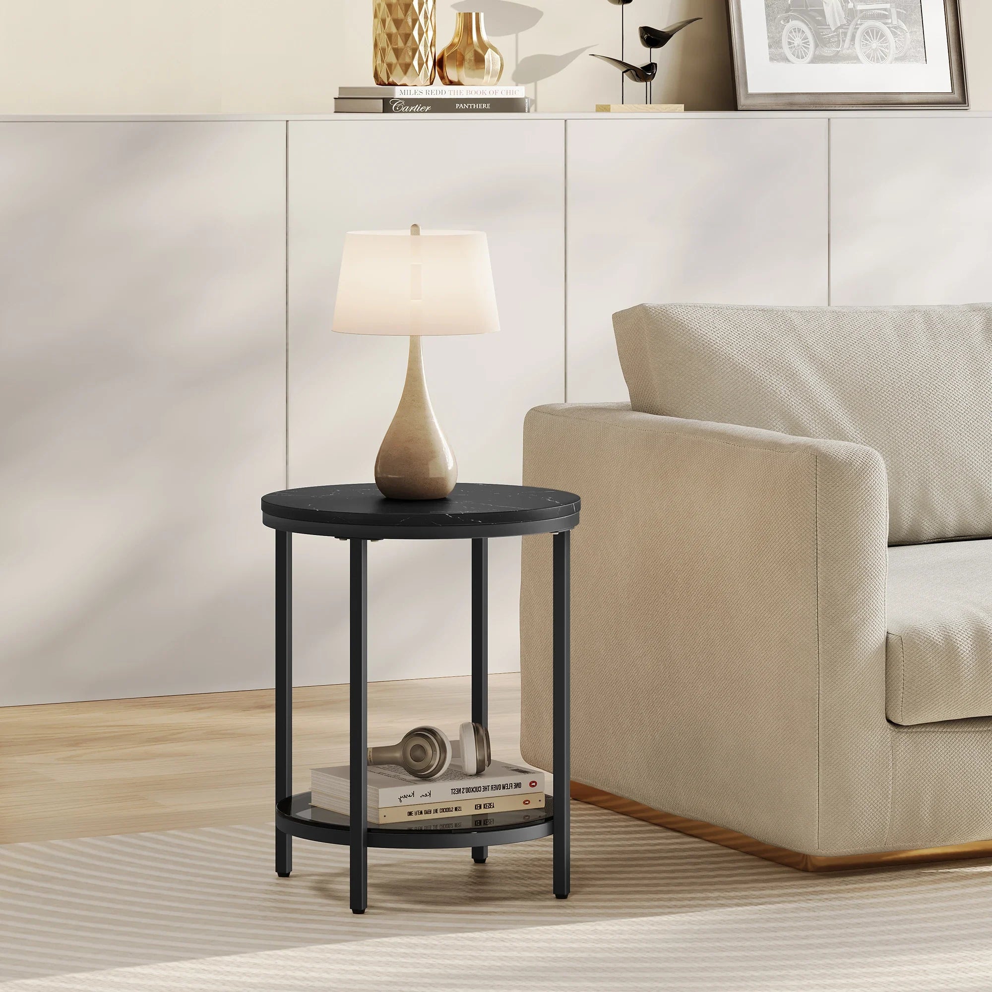 Aurephine Two-Tier Glass Side Table | Marble-Look Modern Accent Table with Steel Frame | Minimalist Coffee & Nightstand Table | Ø45 × H44 cm