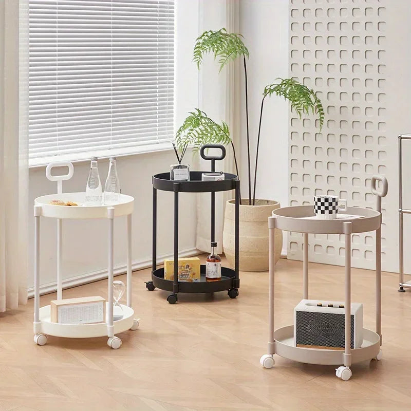 Aetherelle 2-Tier Side Table on Wheels | Mobile Storage & Serving Cart with Handle | Modern Multi-Use Coffee & Side Table | Compact Rolling Trolley | D40 × H55 cm