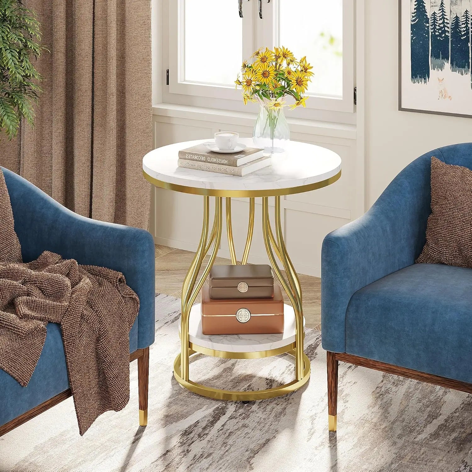 Isavelle Two-Tier Round Side Table | White Metal Frame Storage Table | Modern Sofa & Bedroom Nightstand