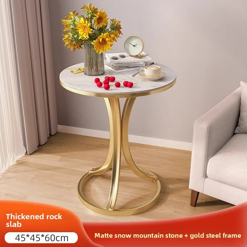 Side Table Cavero Round Rock Slab Marble Top | Modern Sofa & Bed Side Table | Metal Frame with Wheels, Mobile Design