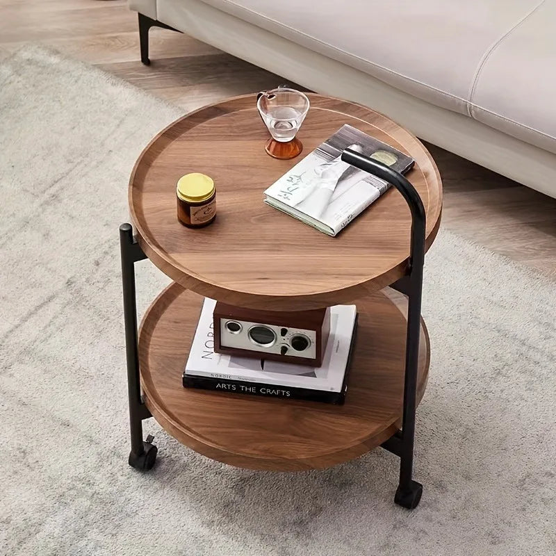 Floravelle Two-Tier Wooden Side Table on Wheels | Mobile Space-Saving Storage Coffee & Nightstand Table | Modern Natural Wood Design | Ø40 × H55 cm