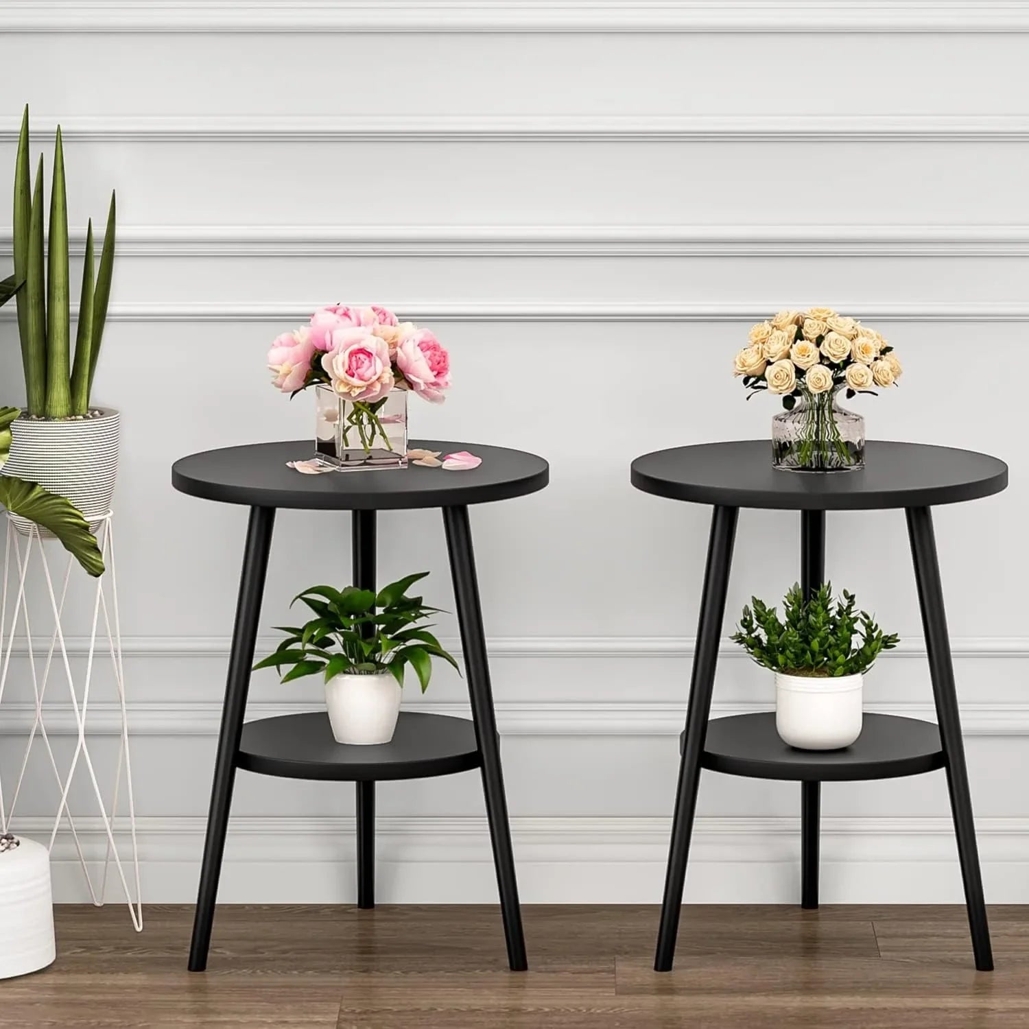 Cirenya Round Two-Tier Side Table | Modern Minimalist Storage Coffee & Nightstand Table | Compact Black Accent Table for Living Room & Bedroom | Ø38 × H55 cm