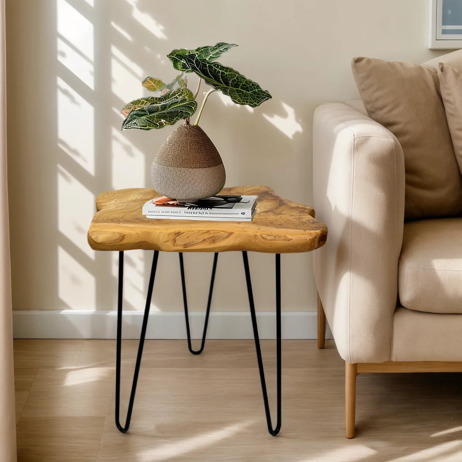 Pyraeon Natural Wooden Side Table | Rustic Live Edge Accent Table for Living Room & Bedroom | Compact Wood Nightstand / Plant Stand | Ø42 × H43.5 cm