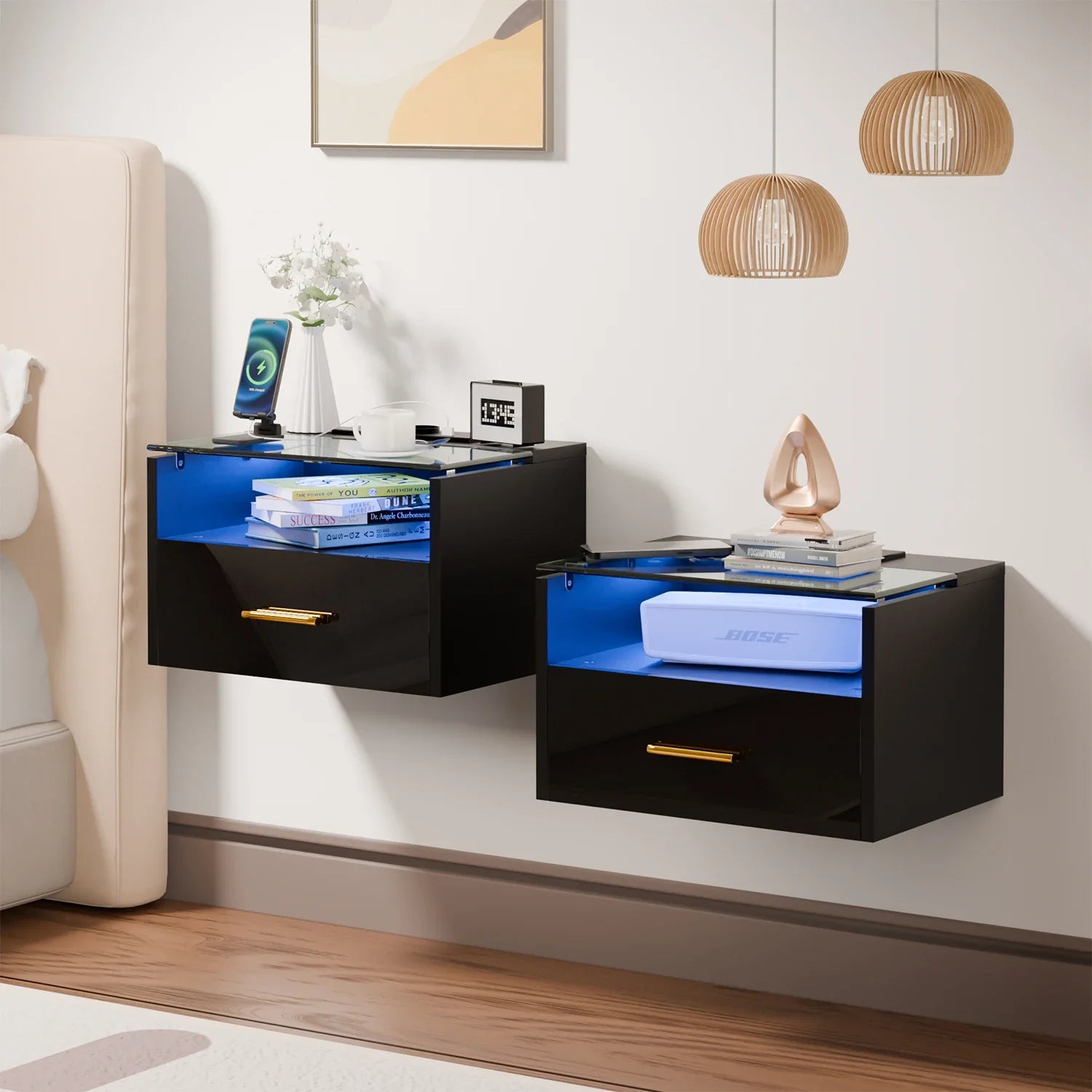 Norvane Wooden Nightstand with LED & Charging Station | Modern Bedside Table with Glass Top | USB & AC Power Outlet Storage Table