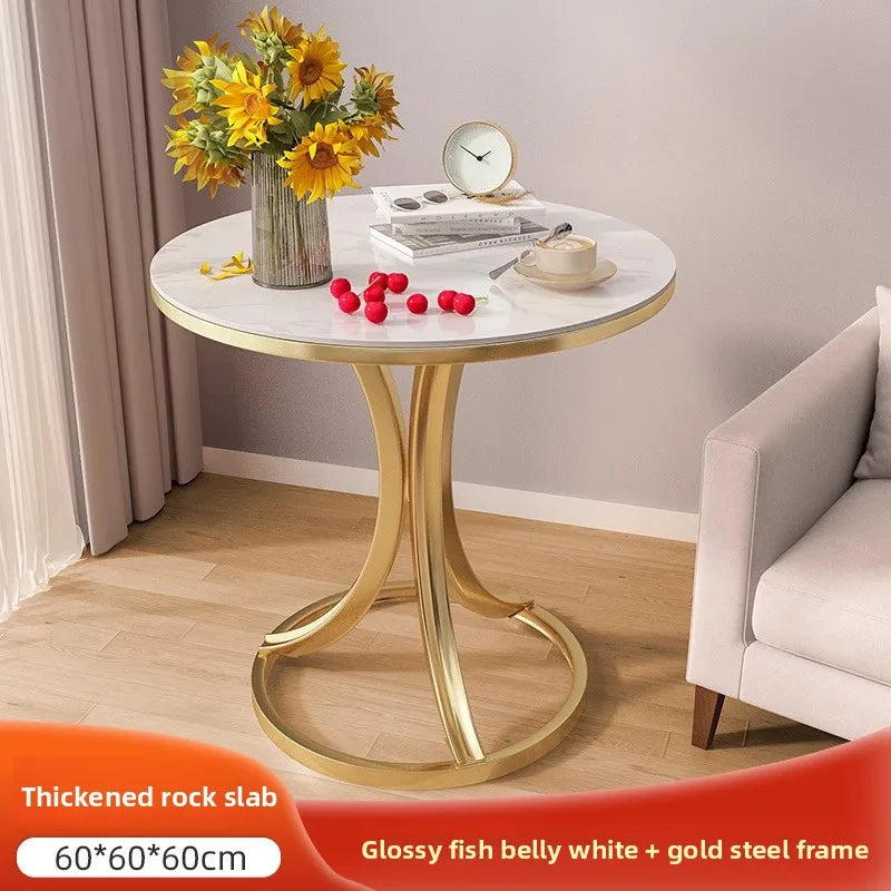 Side Table Cavero Round Rock Slab Marble Top | Modern Sofa & Bed Side Table | Metal Frame with Wheels, Mobile Design