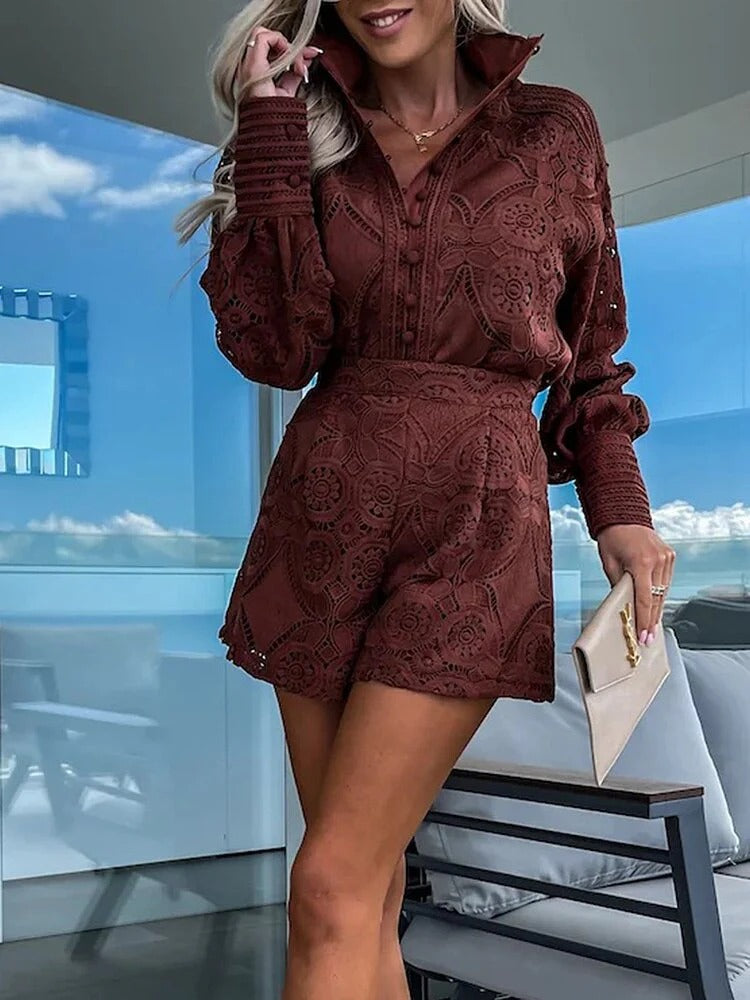 Two-Piece Set with Long Sleeve Blouse and High Waist Shorts for Women | Ideal for Spring and Summer