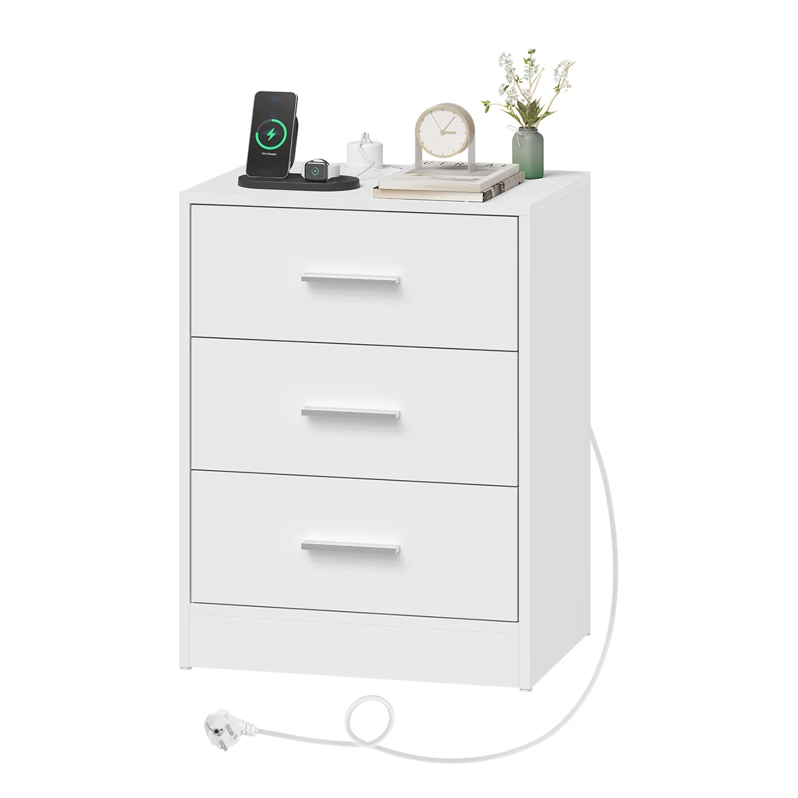 Tavira Modern Nightstand with 3 Drawers | Built-In Charging Port & Power Socket | Compact Bedside Table for Bedroom or Living Room
