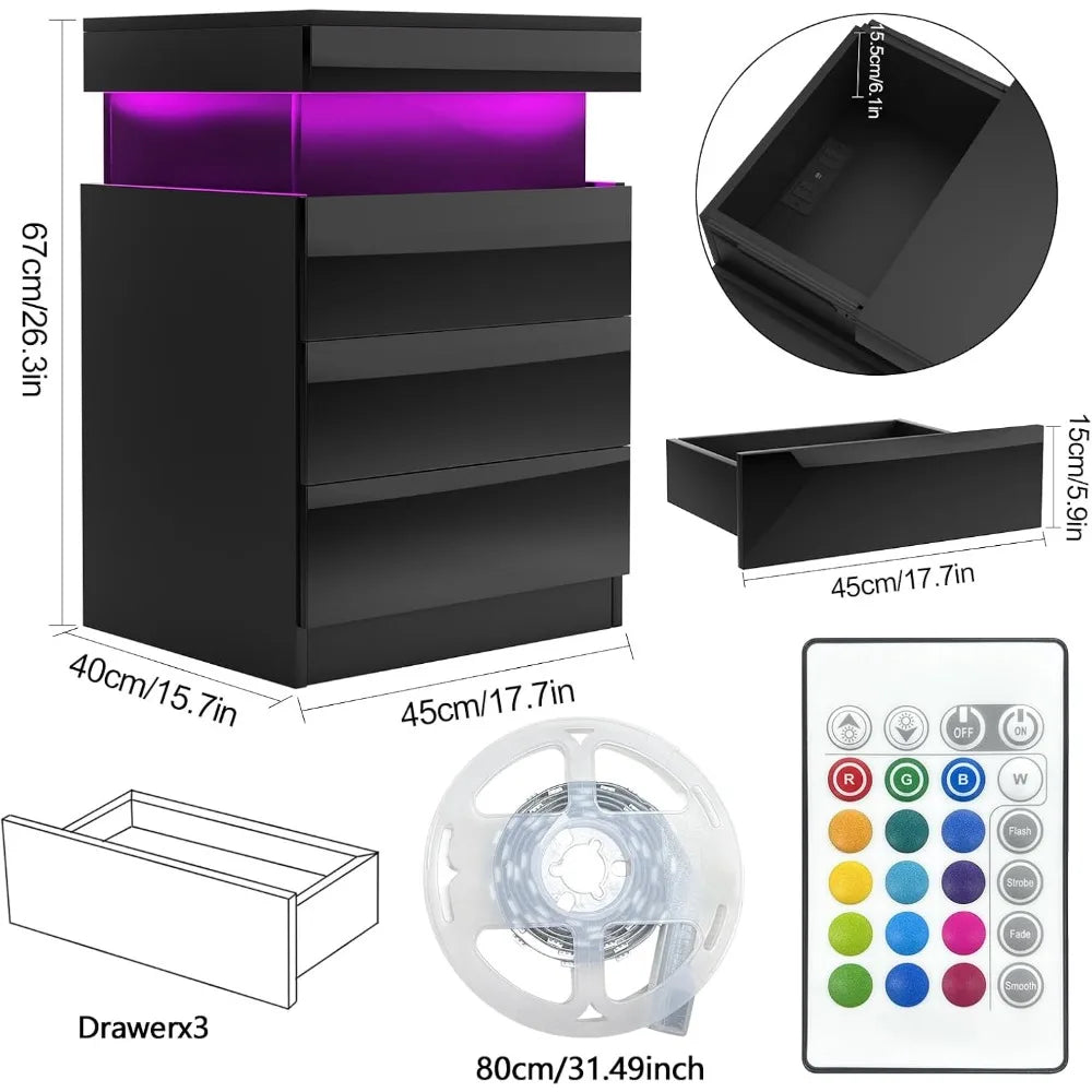 Noctelle Nightstand with Charging Station and Hidden Storage | Black Bedside Table with 3 Drawers and USB Ports