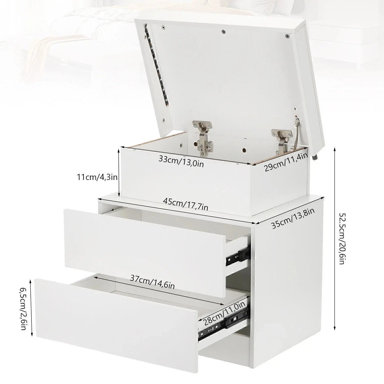 Lumora White High Gloss Nightstand with RGB LED Lighting | Modern Bedside Table with 2 Drawers | LED Side Table with Storage