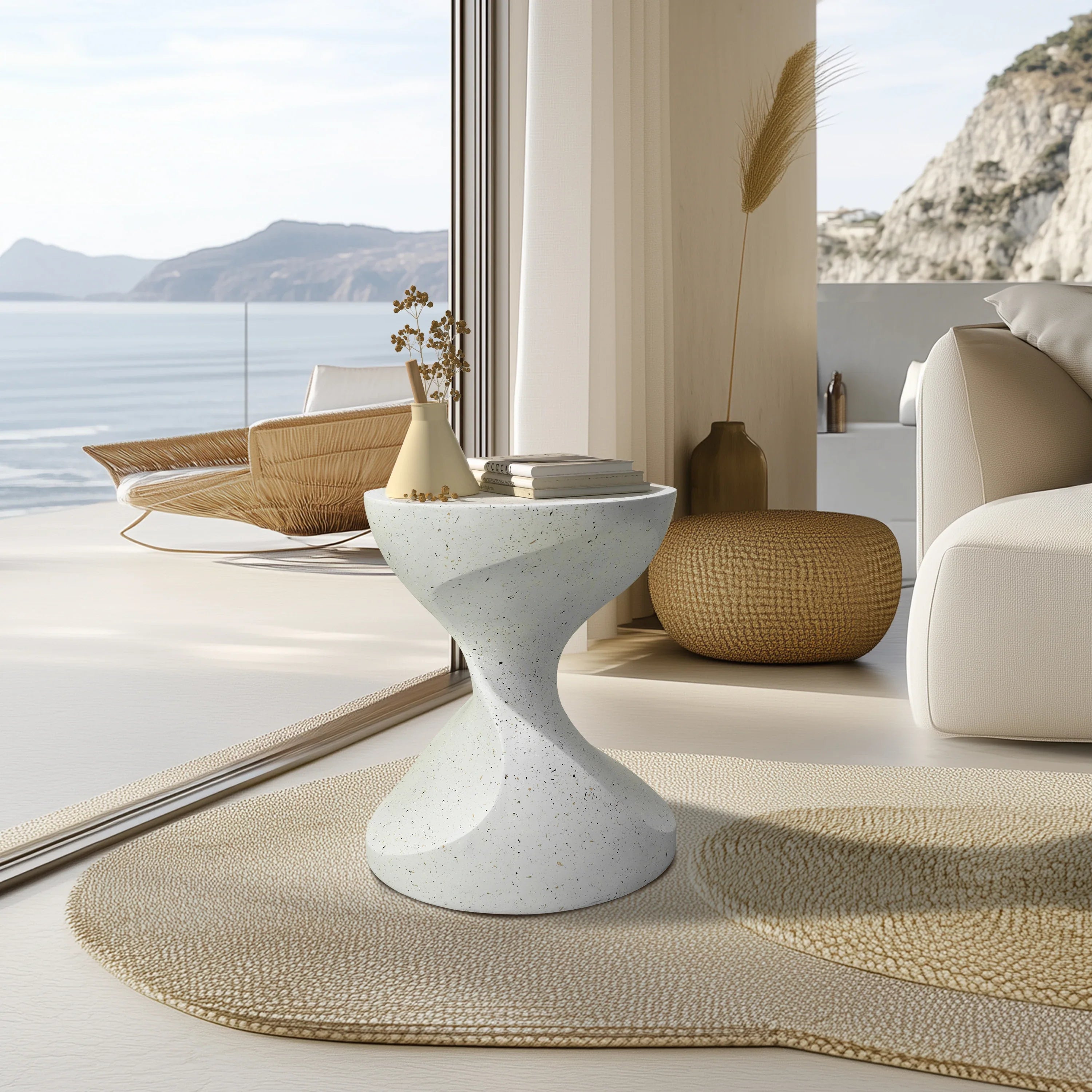 Zanvero White Hourglass Side Table | Lightweight Concrete Accent Table | Modern Sculptural Sofa & Nightstand Table