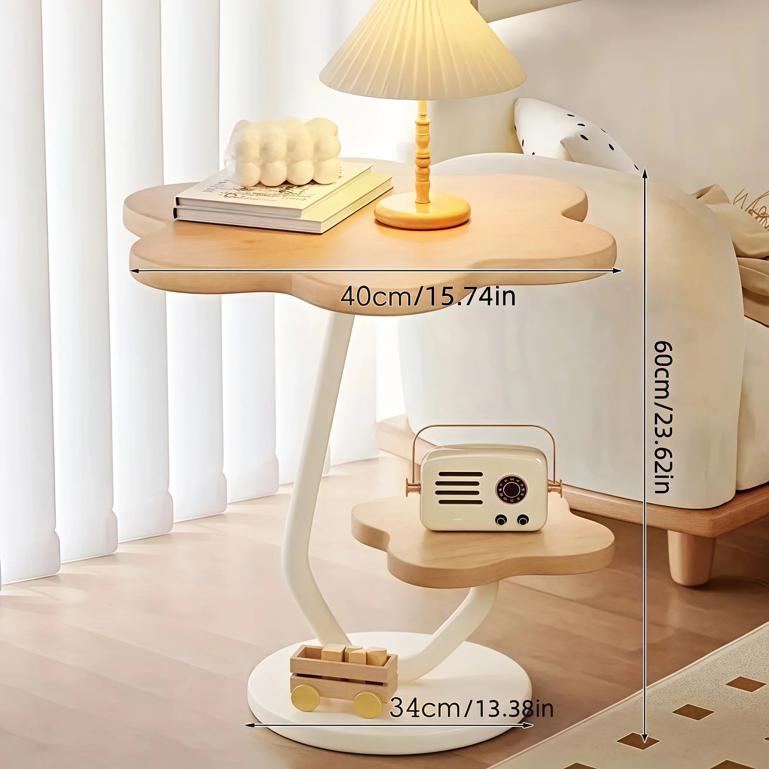 Marentha Flower-Shaped Side Table | Cream Modern 2-Tier Storage Accent Table with Metal Frame | Compact Coffee & End Table for Living Room | Ø40 × H60 cm