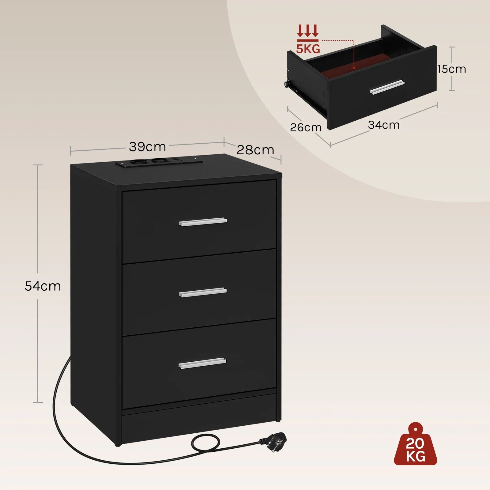Tavira Modern Nightstand with 3 Drawers | Built-In Charging Port & Power Socket | Compact Bedside Table for Bedroom or Living Room