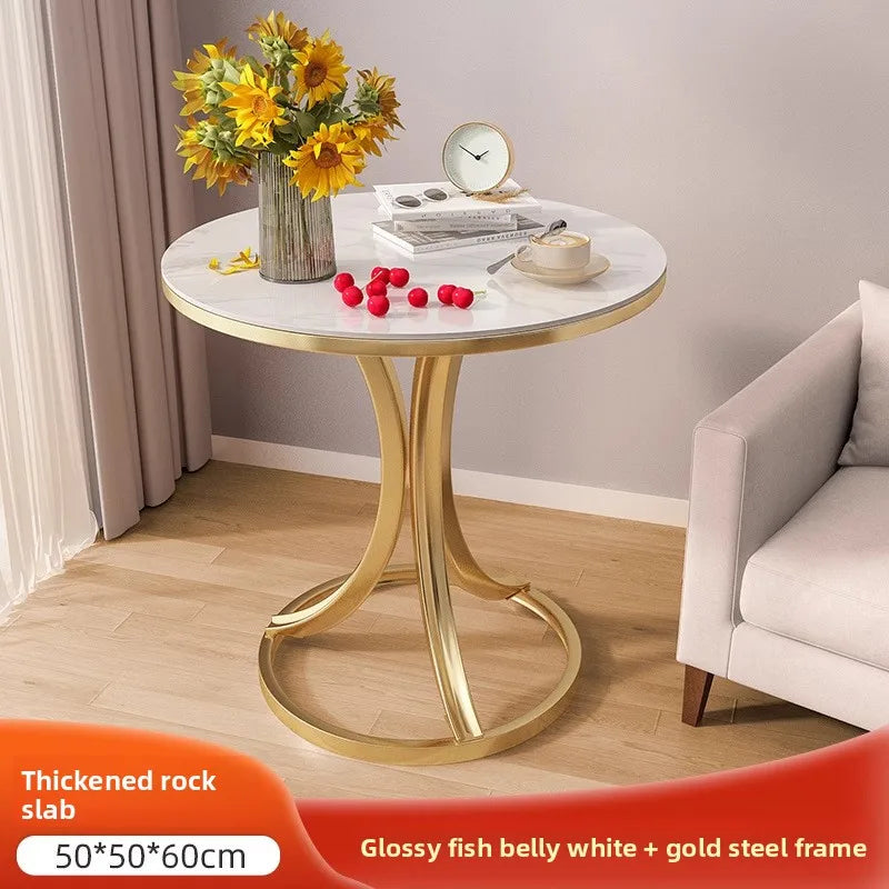 Side Table Cavero Round Rock Slab Marble Top | Modern Sofa & Bed Side Table | Metal Frame with Wheels, Mobile Design