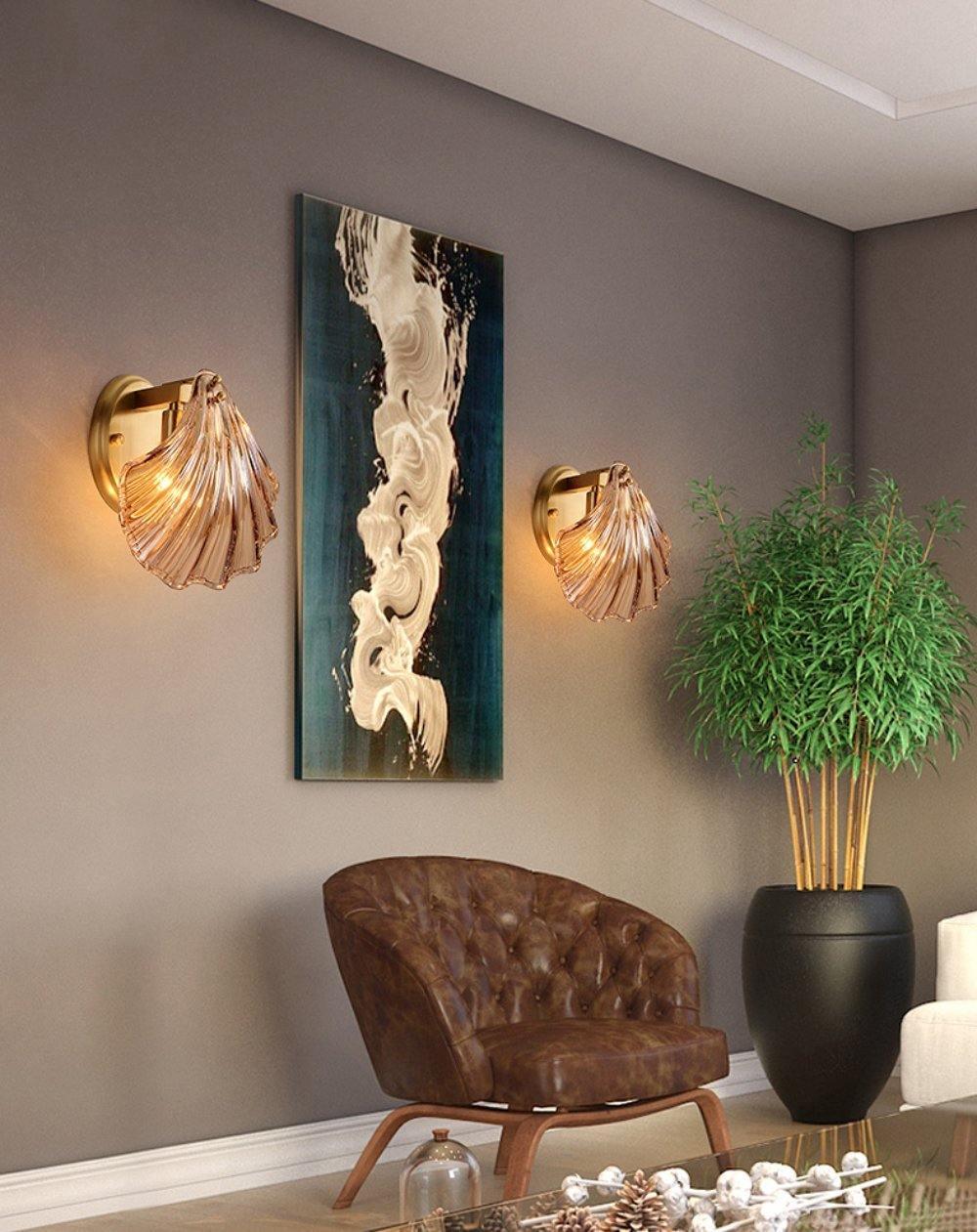 Coastal Shell Wall Light for Bedroom & Living Room | Brass Glass Nautical Wall Lamp | E14 LED or Edison Bulb | 20cm