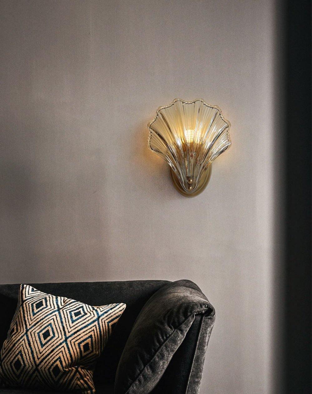 Coastal Shell Wall Light for Bedroom & Living Room | Brass Glass Nautical Wall Lamp | E14 LED or Edison Bulb | 20cm