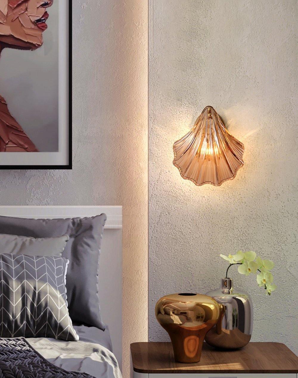 Coastal Shell Wall Light for Bedroom & Living Room | Brass Glass Nautical Wall Lamp | E14 LED or Edison Bulb | 20cm