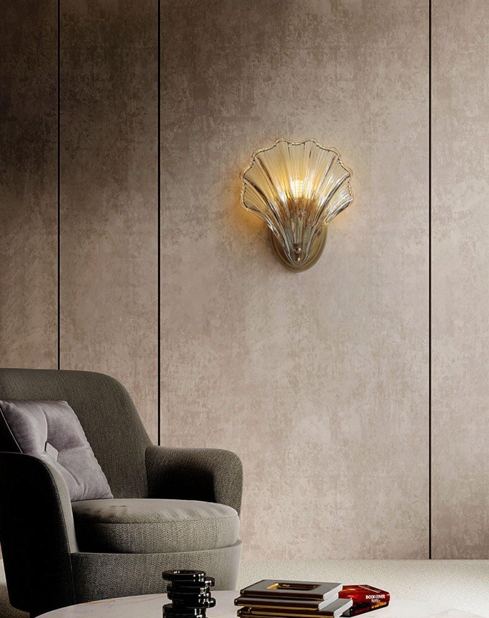 Coastal Shell Wall Light for Bedroom & Living Room | Brass Glass Nautical Wall Lamp | E14 LED or Edison Bulb | 20cm