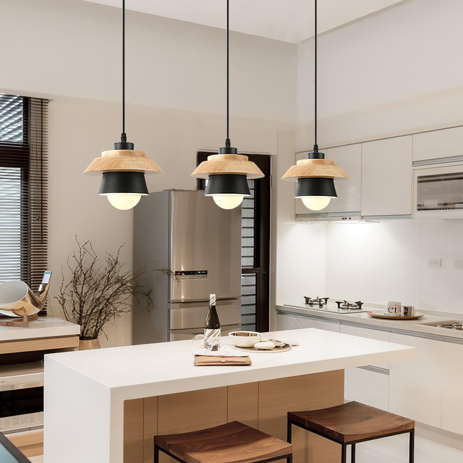 Stone Wood Pendant Lamp Natural Hanging Ceiling Light | E26/E27 Socket | Metal & Wood Design | 150cm Adjustable Cable