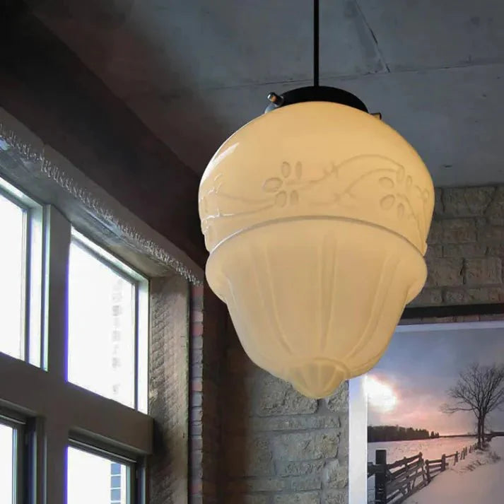 Vintage White Milk Glass Geometric Jar Pendant Lamp | E27 Hanging Light | Adjustable Cord | Decorative Ambient Lighting
