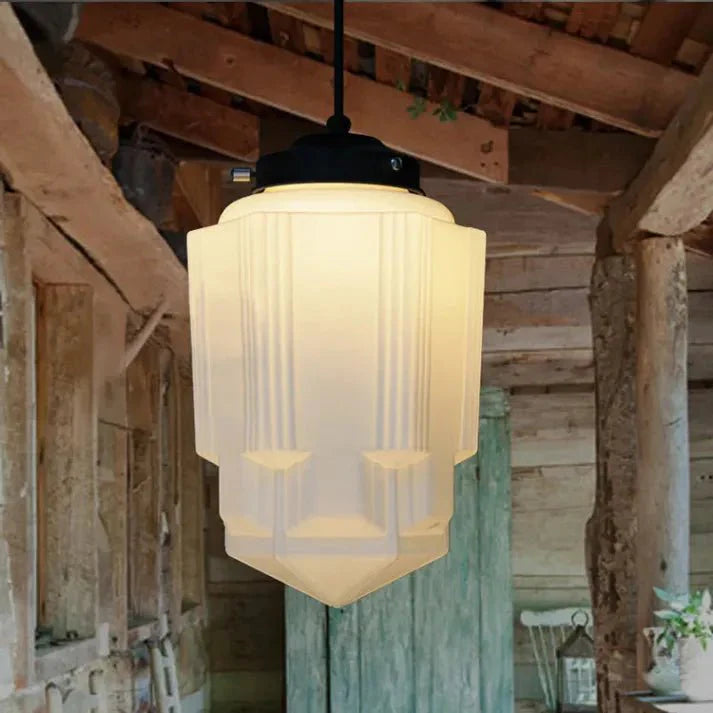 Vintage White Milk Glass Geometric Jar Pendant Lamp | E27 Hanging Light | Adjustable Cord | Decorative Ambient Lighting