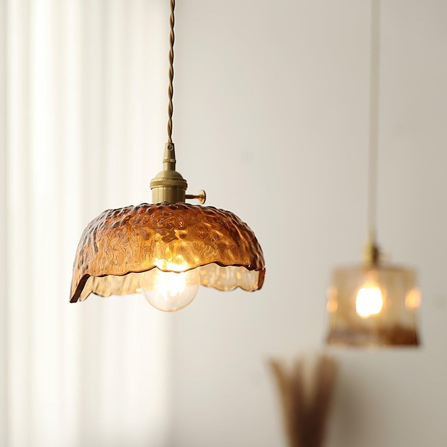 Vintage Brown Glass Pendant Light | Brass & Metal Hanging Lamp | E26/E27 LED Compatible | Warm Ambient Ceiling Lighting