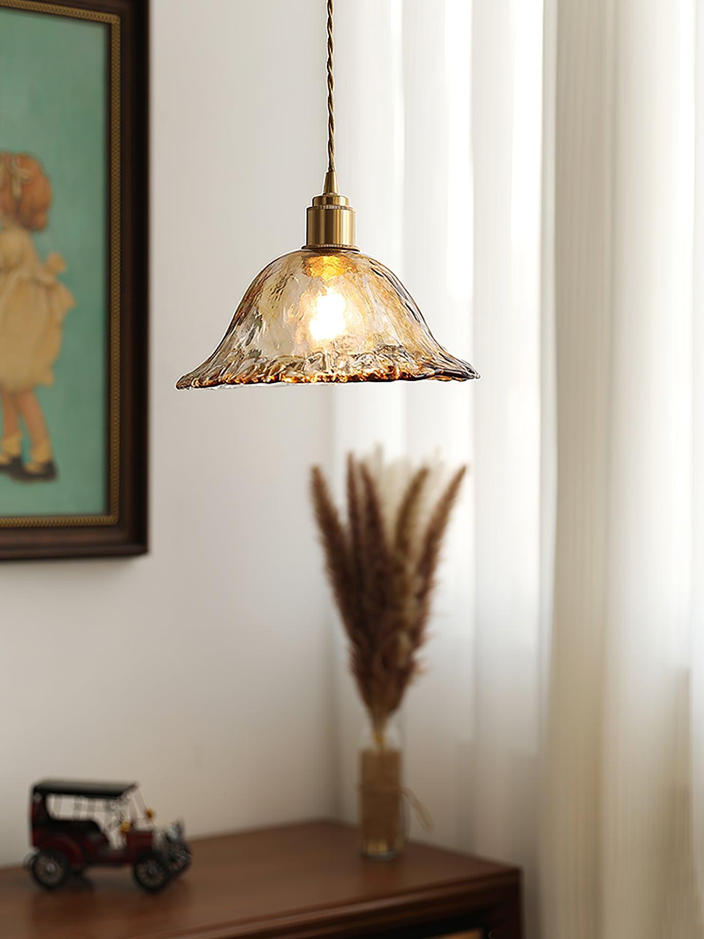Vintage Brown Glass Pendant Light | Brass & Metal Hanging Lamp | E26/E27 LED Compatible | Warm Ambient Ceiling Lighting