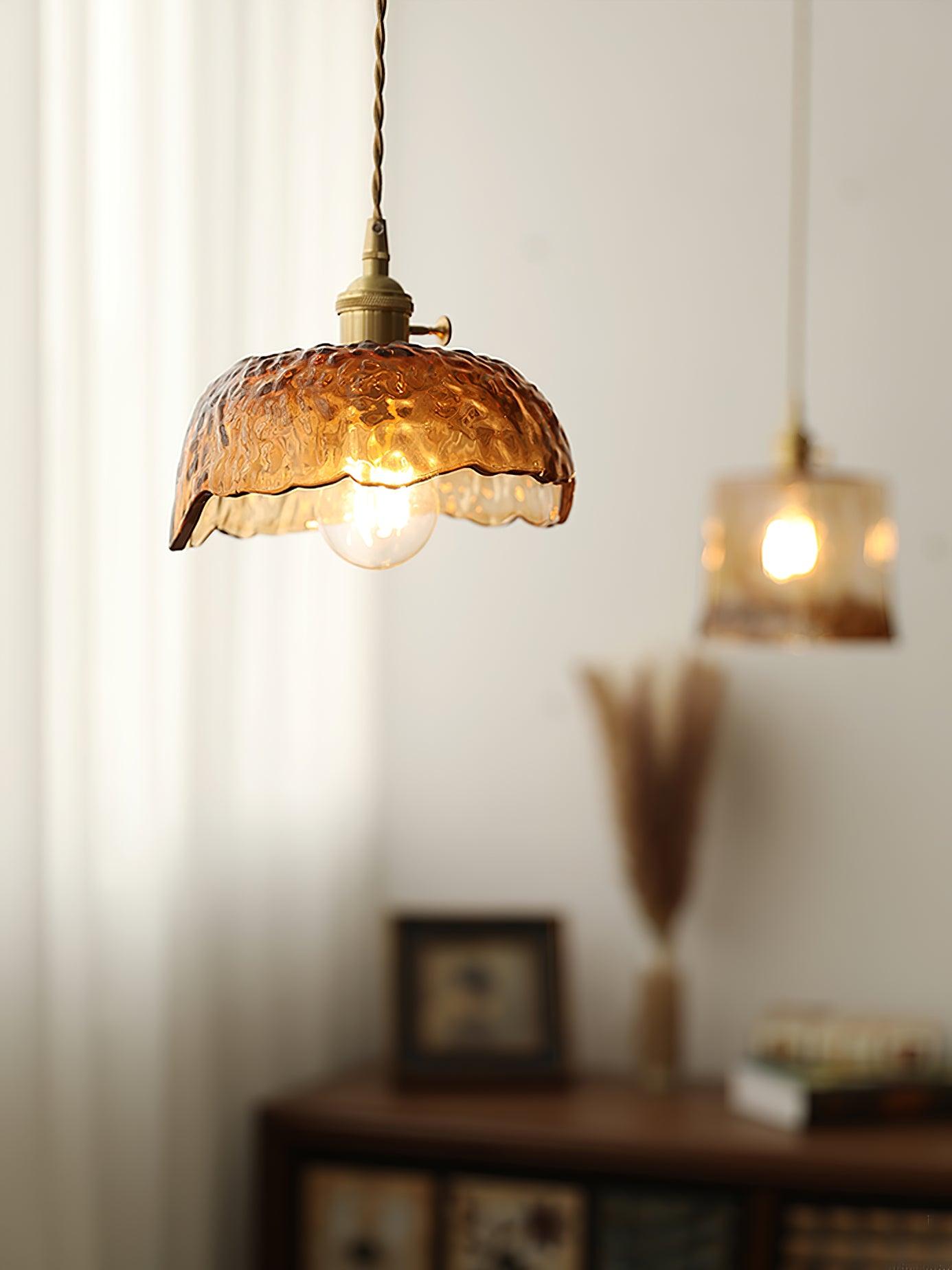 Vintage Brown Glass Pendant Light | Brass & Metal Hanging Lamp | E26/E27 LED Compatible | Warm Ambient Ceiling Lighting