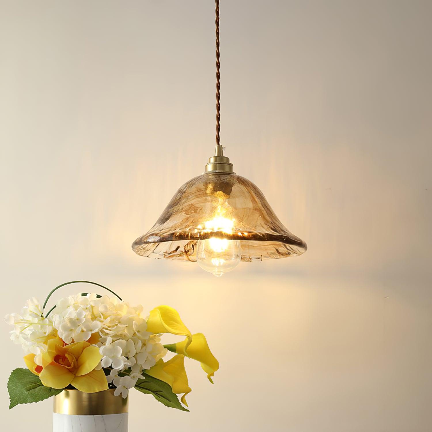 Vintage Brown Glass Pendant Light | Brass & Metal Hanging Lamp | E26/E27 LED Compatible | Warm Ambient Ceiling Lighting