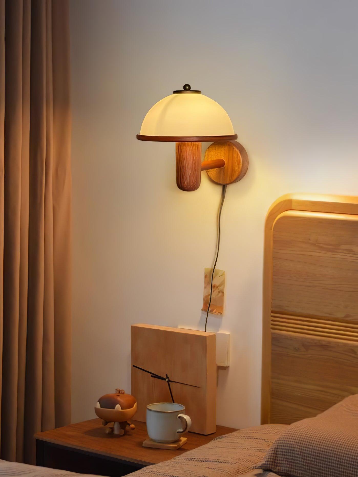 Mushroom Wooden Wall Lamp Oak Scandinavian Wall Light | Natural Wood Design | E14 LED Compatible | Plug In with Switch