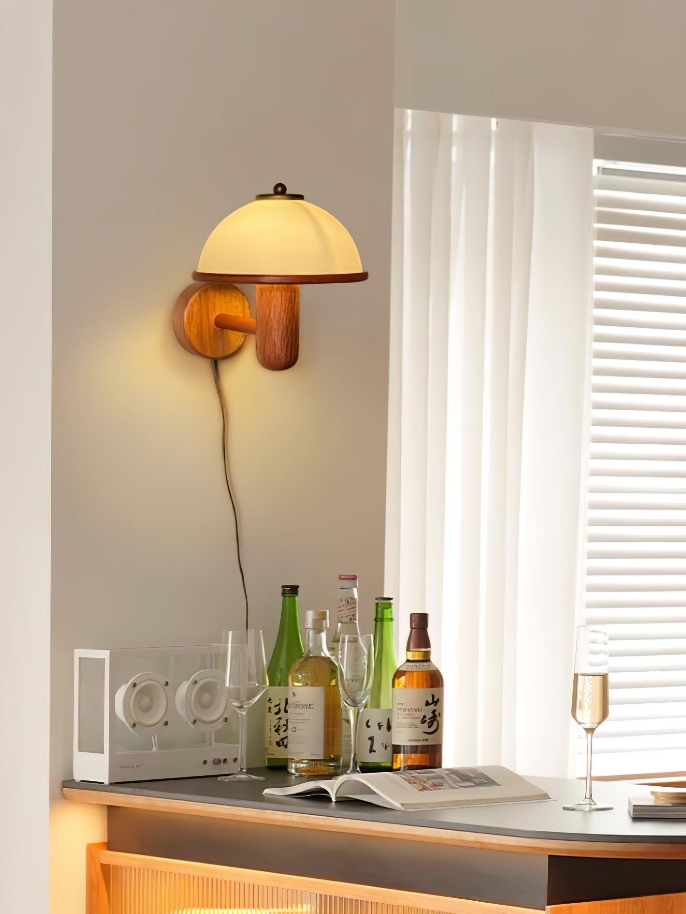 Mushroom Wooden Wall Lamp Oak Scandinavian Wall Light | Natural Wood Design | E14 LED Compatible | Plug In with Switch