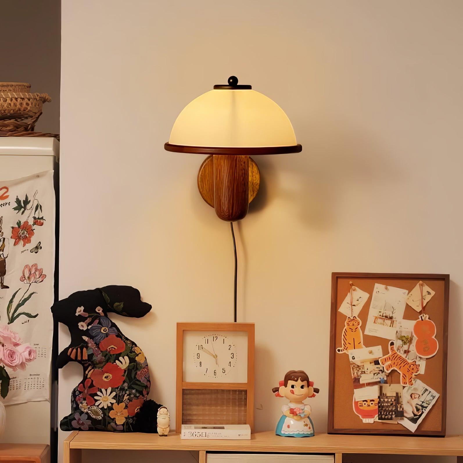 Mushroom Wooden Wall Lamp Oak Scandinavian Wall Light | Natural Wood Design | E14 LED Compatible | Plug In with Switch