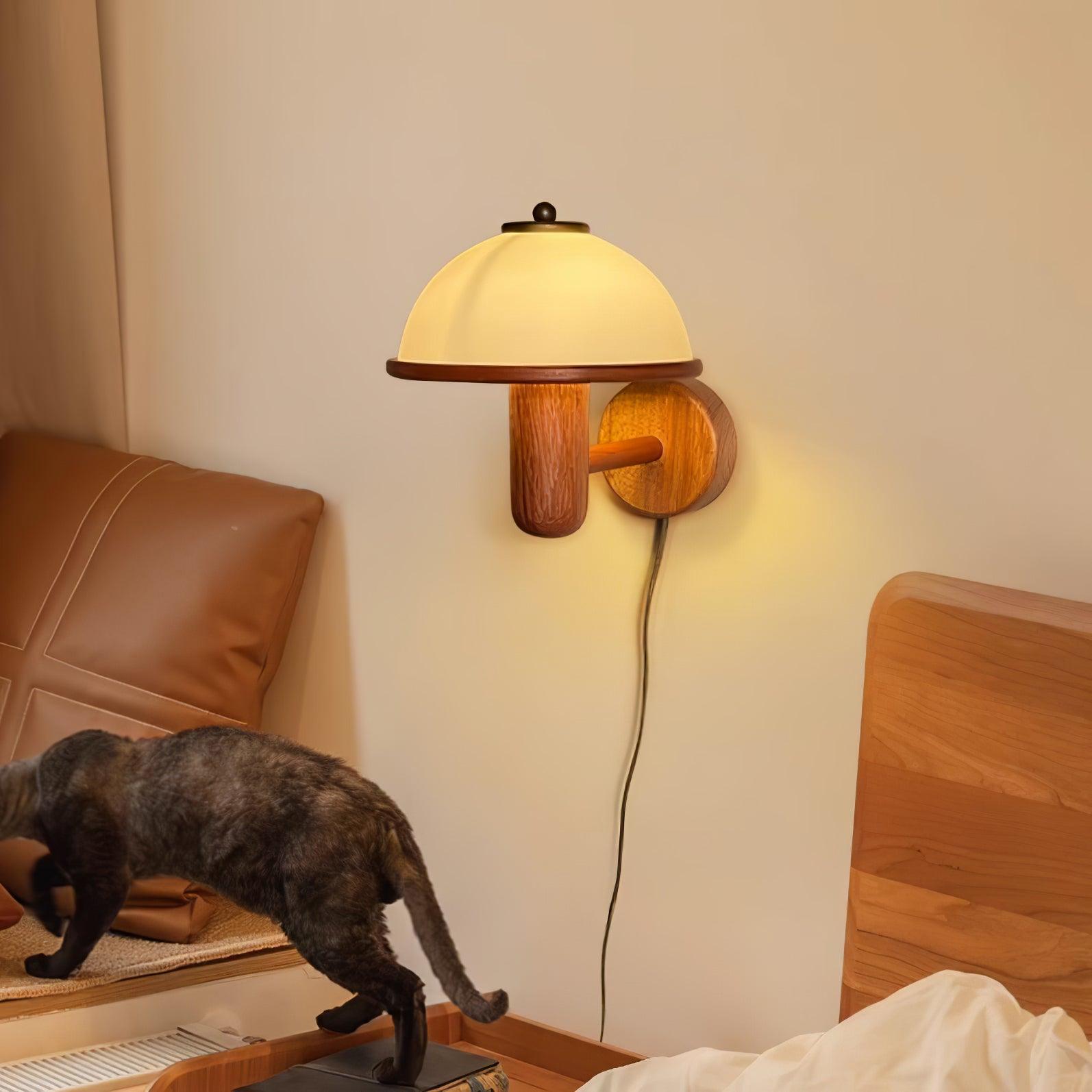 Mushroom Wooden Wall Lamp Oak Scandinavian Wall Light | Natural Wood Design | E14 LED Compatible | Plug In with Switch