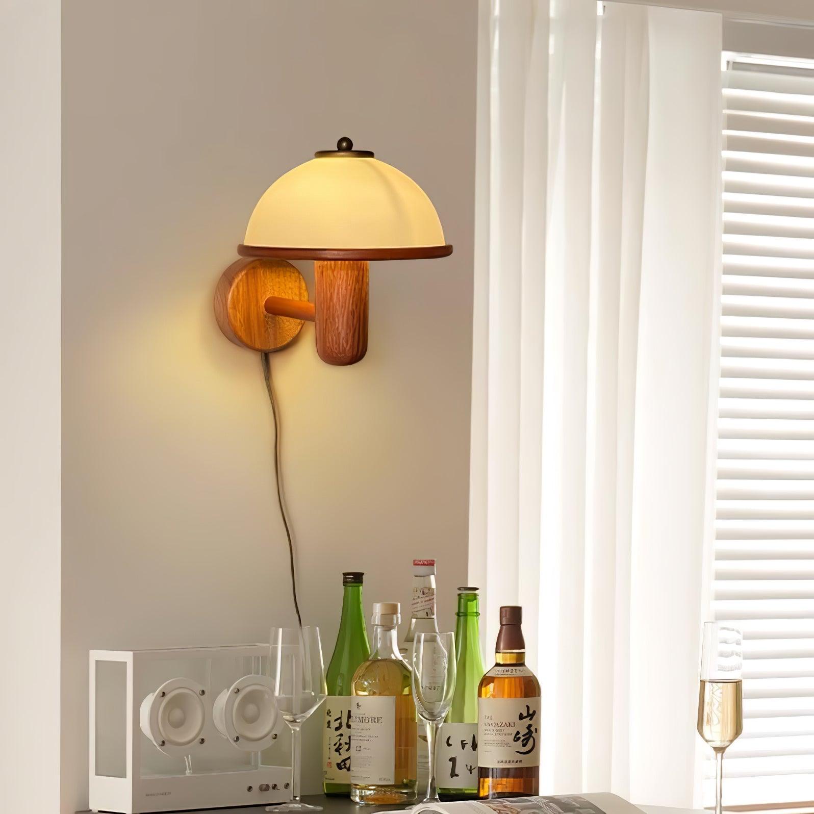 Mushroom Wooden Wall Lamp Oak Scandinavian Wall Light | Natural Wood Design | E14 LED Compatible | Plug In with Switch