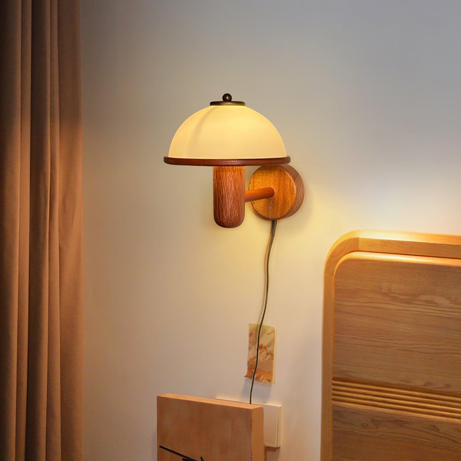 Mushroom Wooden Wall Lamp Oak Scandinavian Wall Light | Natural Wood Design | E14 LED Compatible | Plug In with Switch