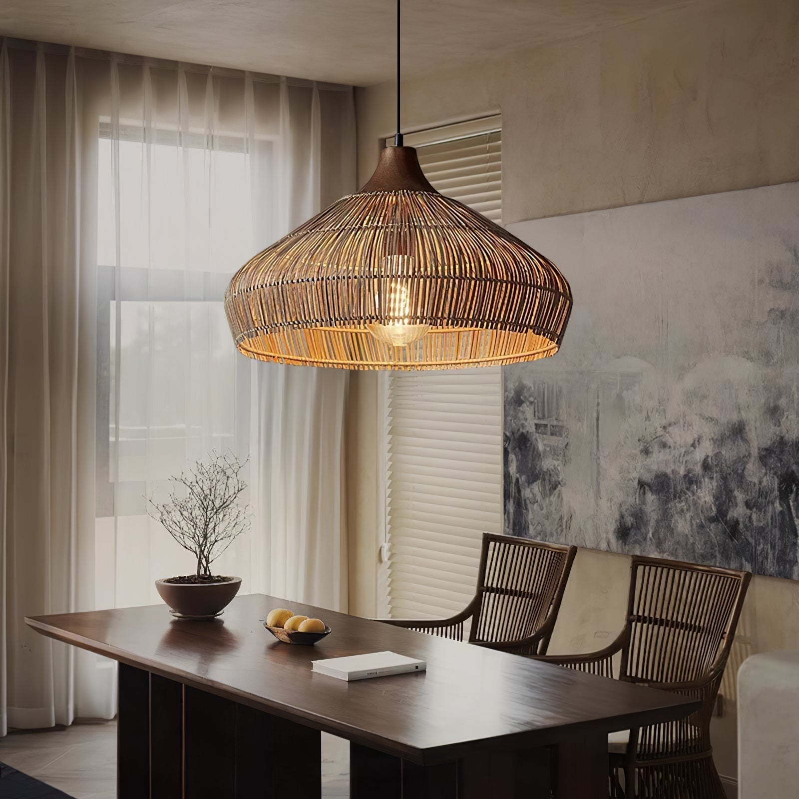 Rattan Hanging Pendant Lamp Boho Ceiling Light Woven Natural Shade | E26 E27 Compatible | Dining Table Living Room Decor Lighting