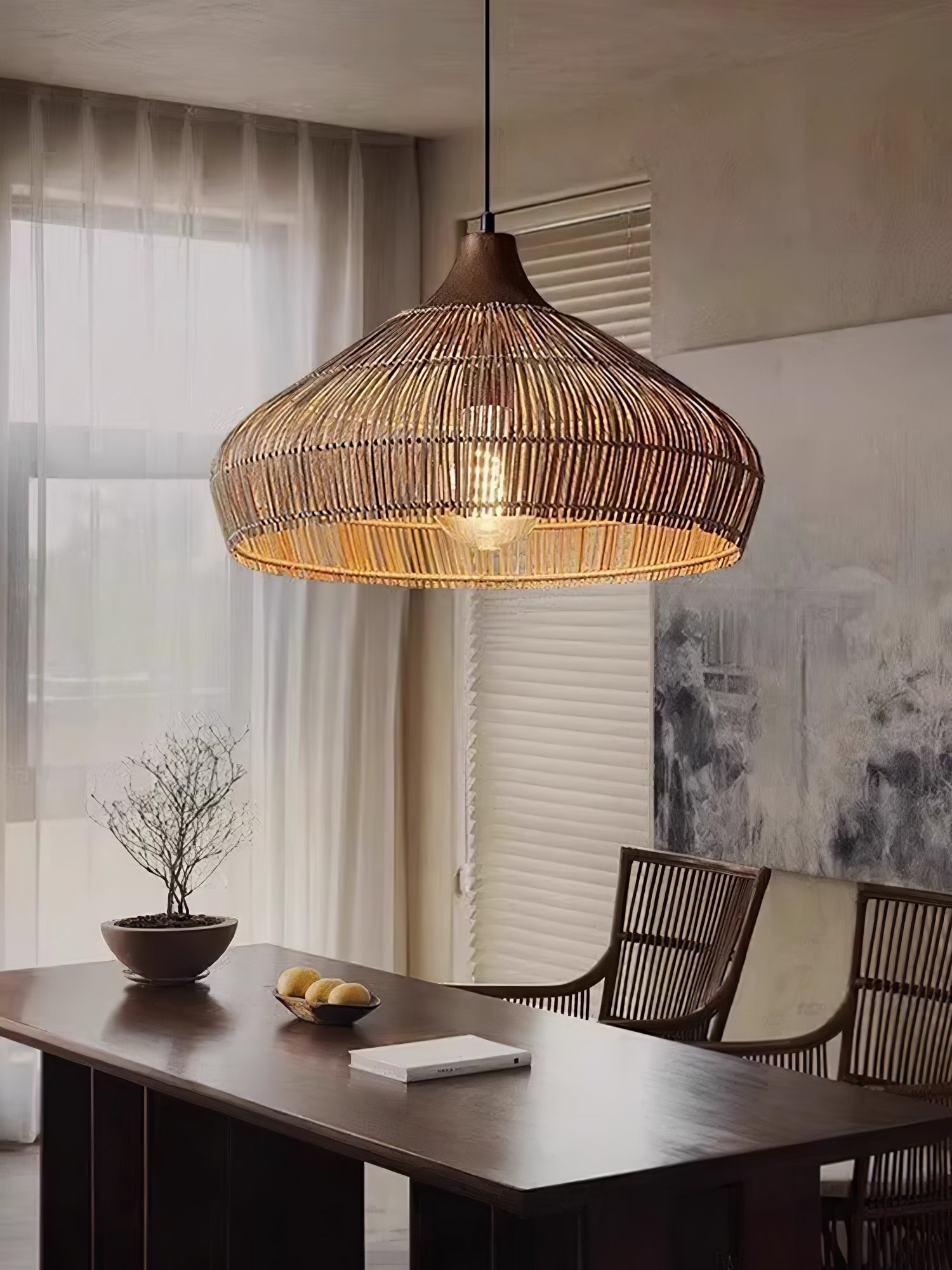 Rattan Hanging Pendant Lamp Boho Ceiling Light Woven Natural Shade | E26 E27 Compatible | Dining Table Living Room Decor Lighting