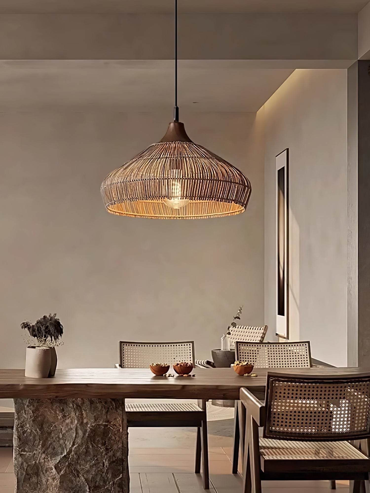 Rattan Hanging Pendant Lamp Boho Ceiling Light Woven Natural Shade | E26 E27 Compatible | Dining Table Living Room Decor Lighting