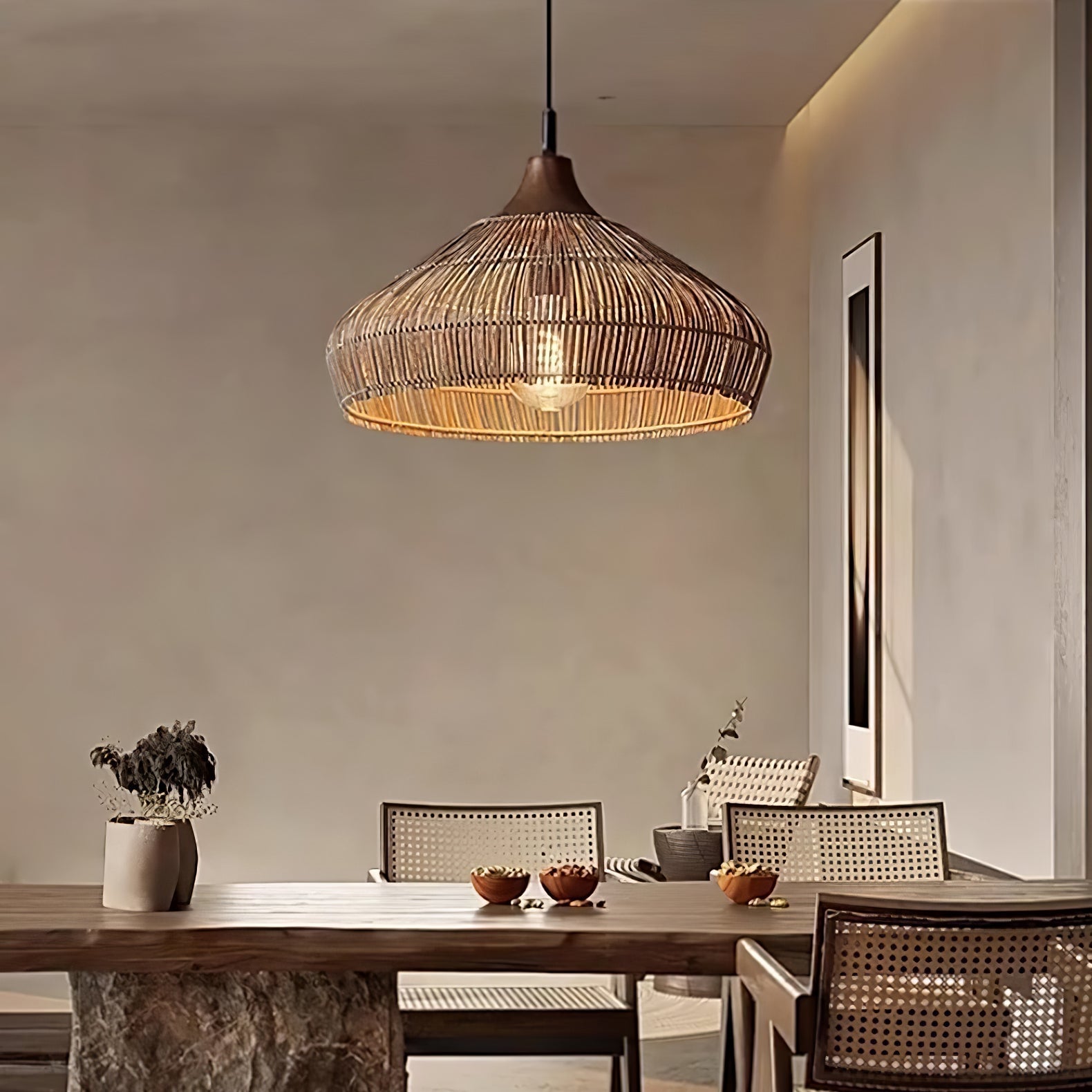 Rattan Hanging Pendant Lamp Boho Ceiling Light Woven Natural Shade | E26 E27 Compatible | Dining Table Living Room Decor Lighting