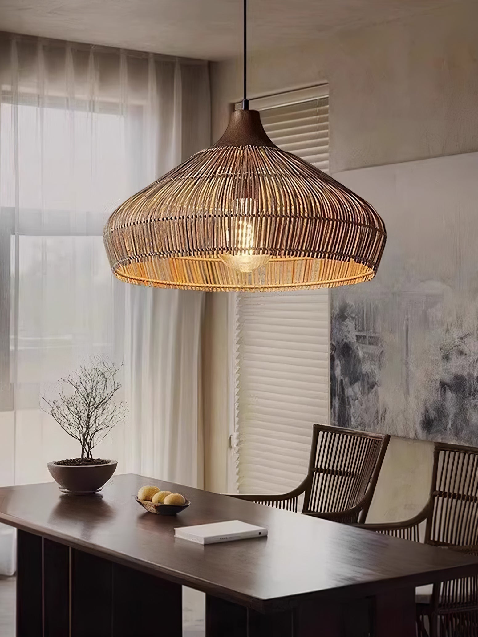 Rattan Hanging Pendant Lamp Boho Ceiling Light Woven Natural Shade | E26 E27 Compatible | Dining Table Living Room Decor Lighting