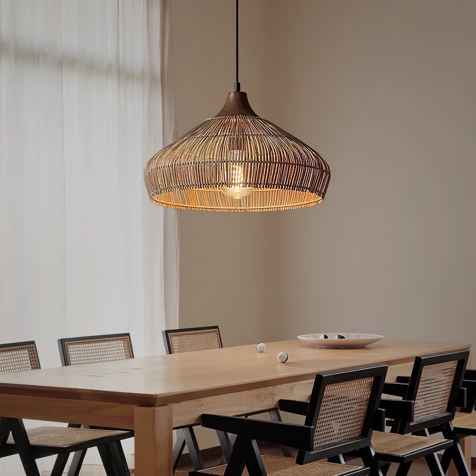 Rattan Hanging Pendant Lamp Boho Ceiling Light Woven Natural Shade | E26 E27 Compatible | Dining Table Living Room Decor Lighting