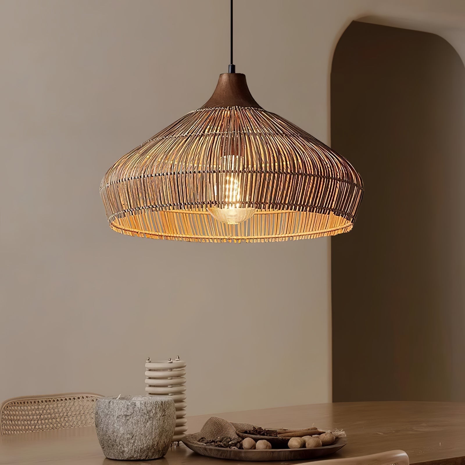 Rattan Hanging Pendant Lamp Boho Ceiling Light Woven Natural Shade | E26 E27 Compatible | Dining Table Living Room Decor Lighting