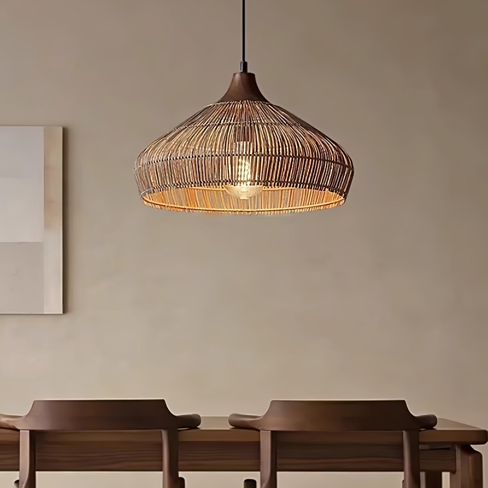 Rattan Hanging Pendant Lamp Boho Ceiling Light Woven Natural Shade | E26 E27 Compatible | Dining Table Living Room Decor Lighting