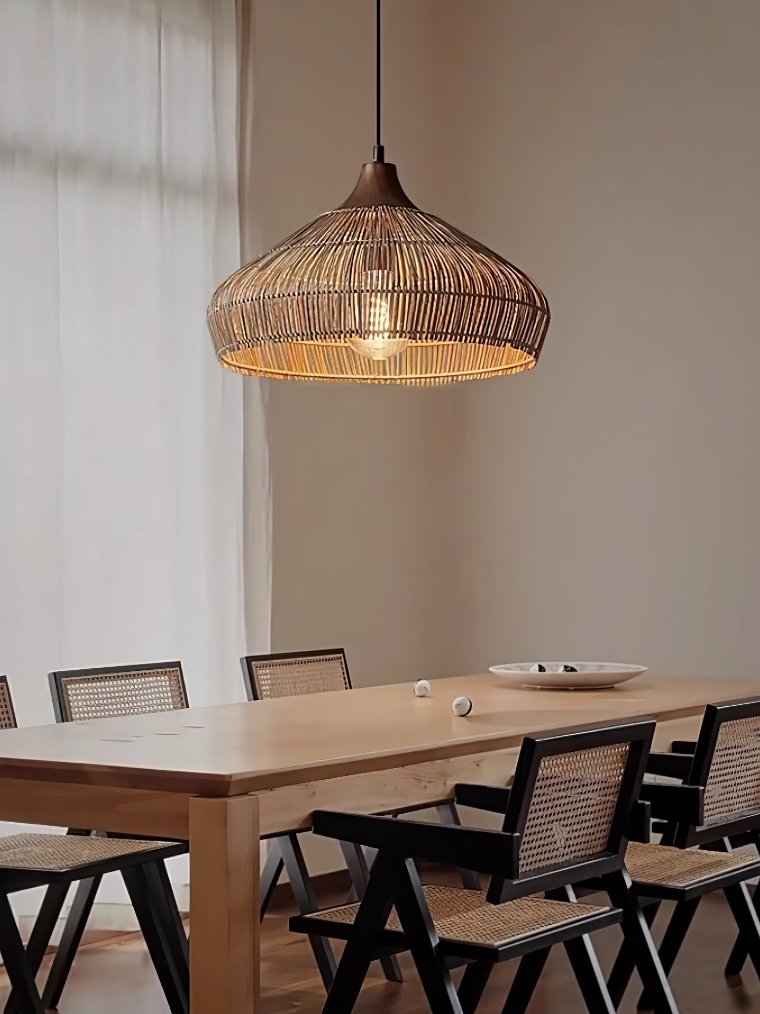 Rattan Hanging Pendant Lamp Boho Ceiling Light Woven Natural Shade | E26 E27 Compatible | Dining Table Living Room Decor Lighting