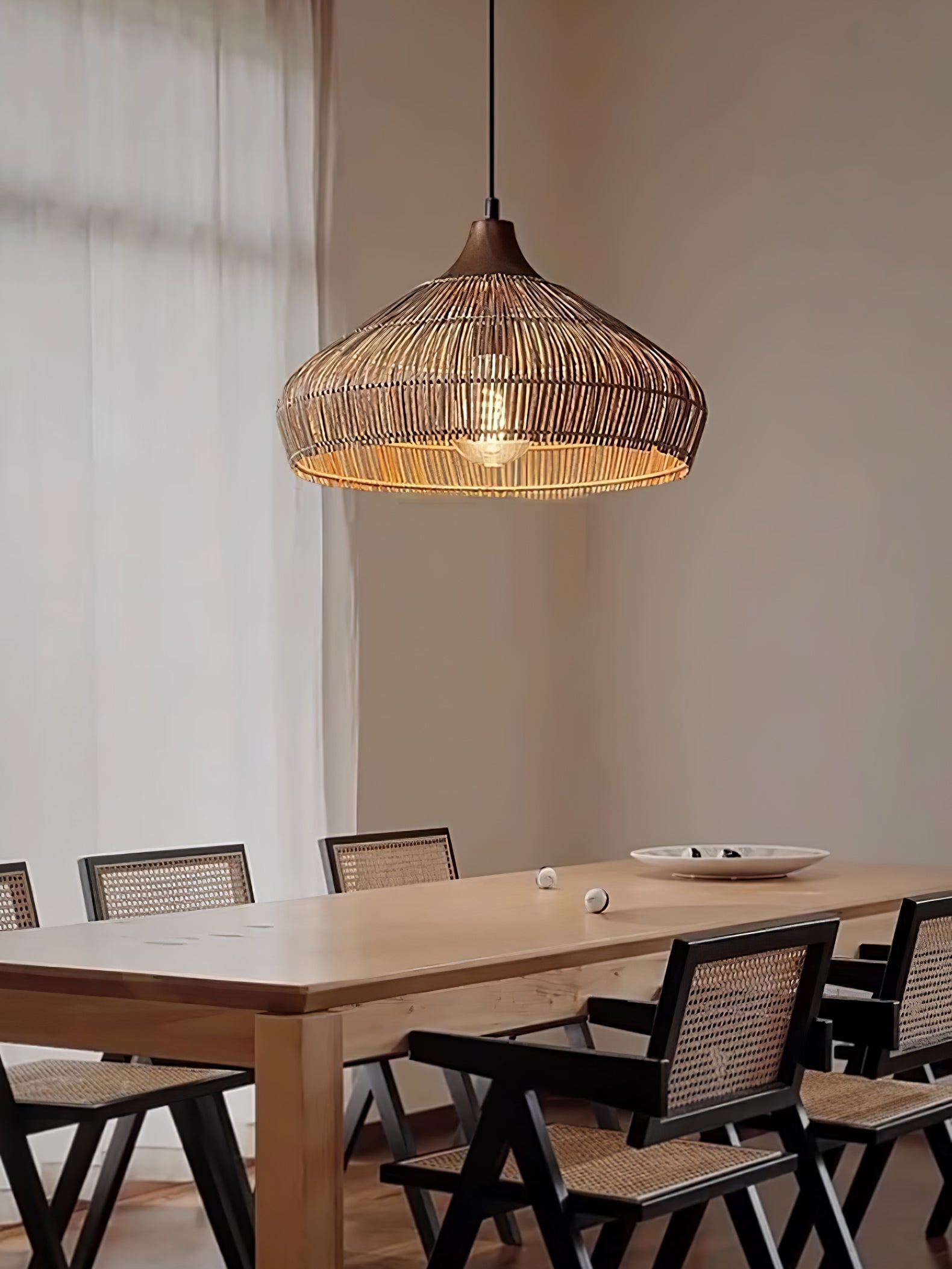 Rattan Hanging Pendant Lamp Boho Ceiling Light Woven Natural Shade | E26 E27 Compatible | Dining Table Living Room Decor Lighting