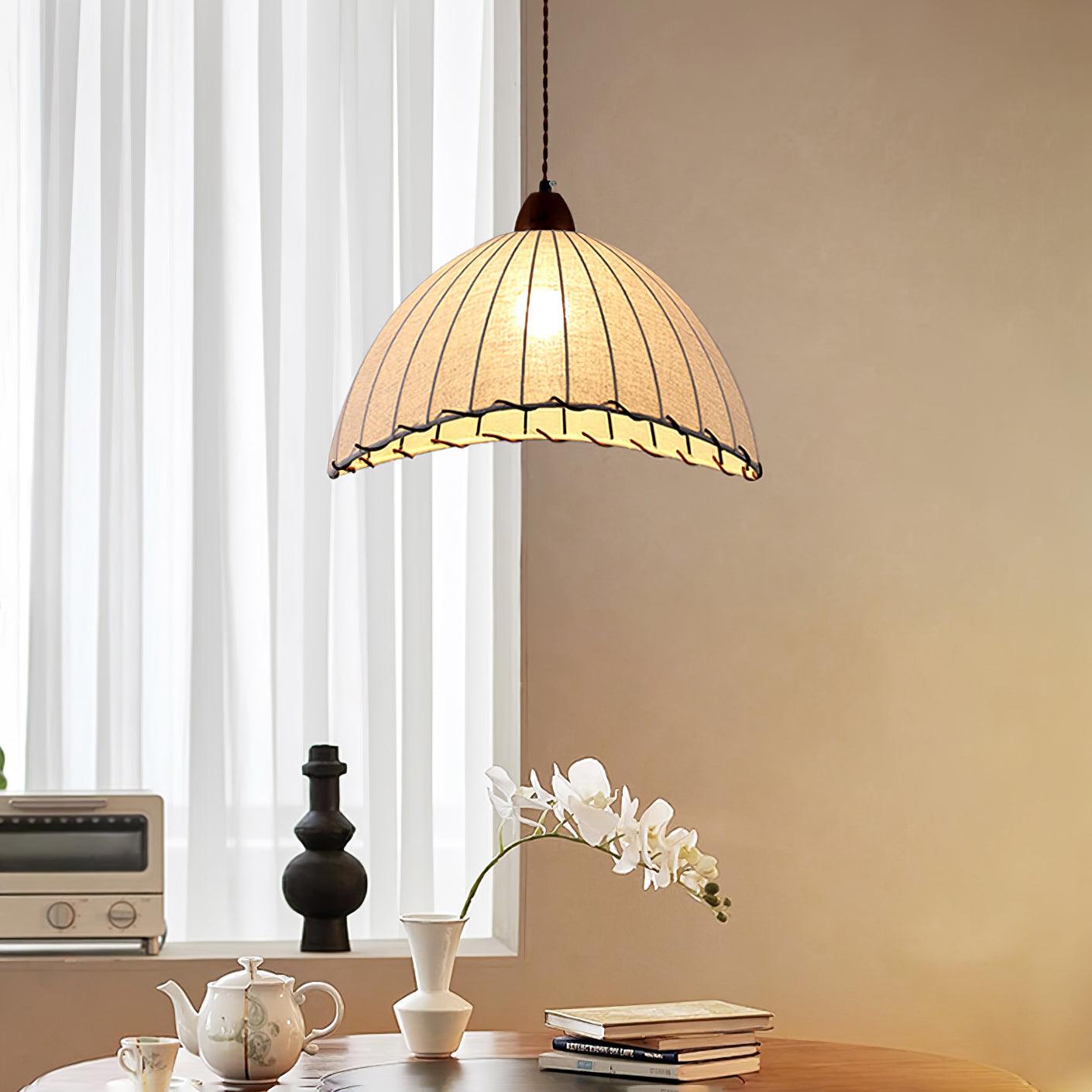 Wood and Fabric Pendant Lamp Scandinavian Natural Hanging Light | Soft Diffused Lighting | E26 E27 Compatible | Dining Living Room Ceiling Light