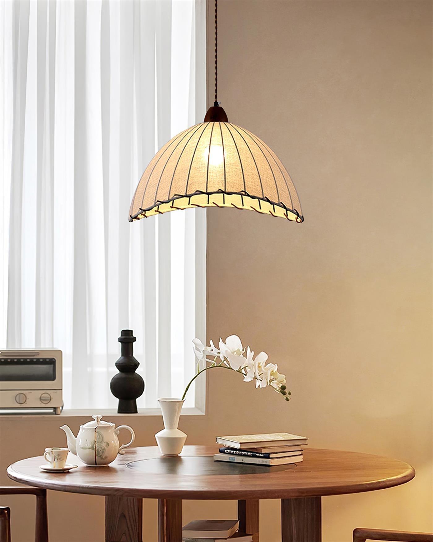 Wood and Fabric Pendant Lamp Scandinavian Natural Hanging Light | Soft Diffused Lighting | E26 E27 Compatible | Dining Living Room Ceiling Light